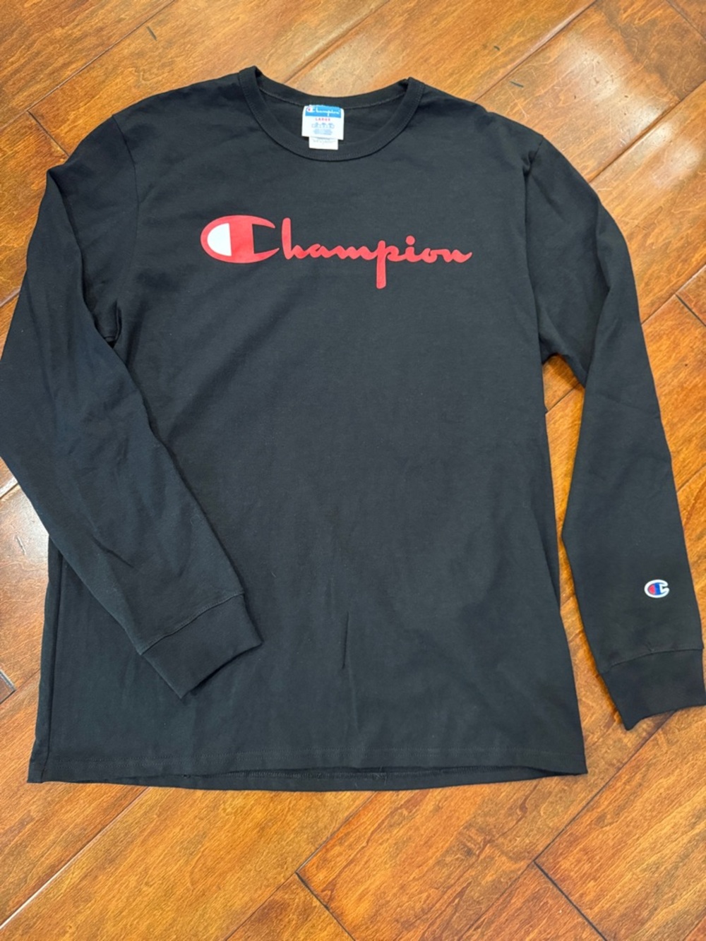 Men’s L Champion Black Long Sleeve Shirt with Red Logo Like New!